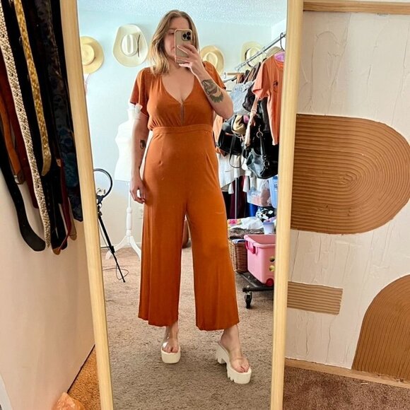 Allison + UO Orange Allison Wide Leg Ribbed Deep Plunge Backless Jumpsuit - Picture 11 of 11